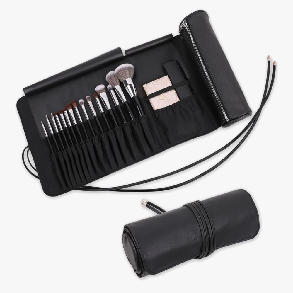 Black Makeup Brush Set with Roll-Up Case